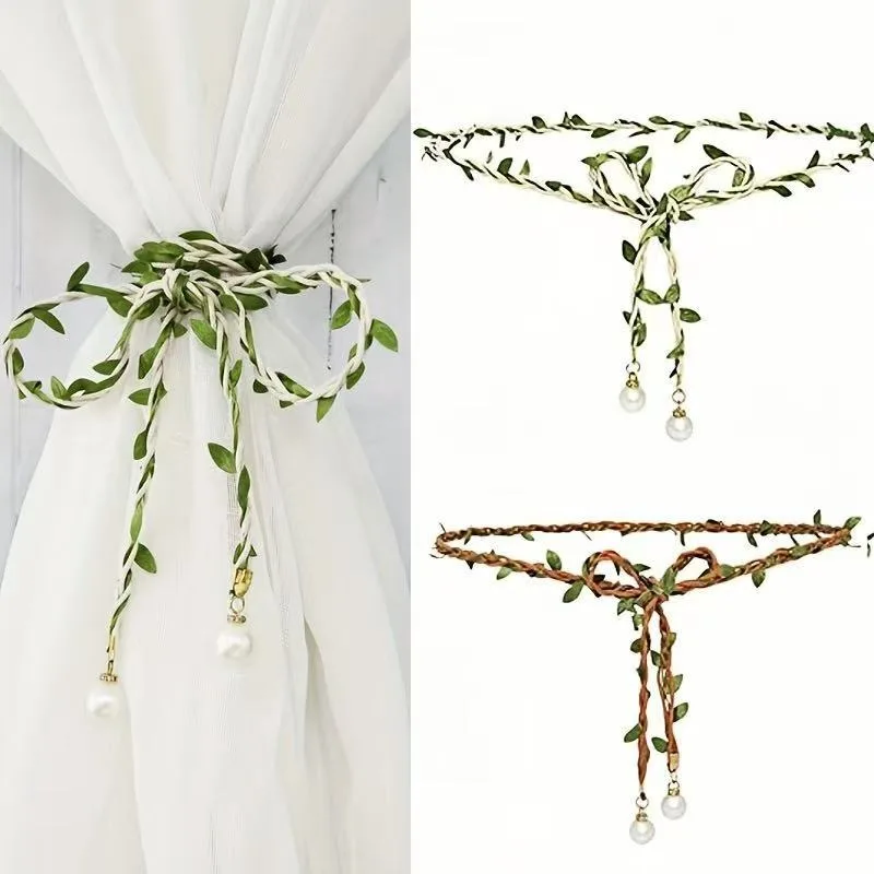 2Pcs Bohemian Style Curtain Ties, Handmade Braided Rope Curtain Buckle, Curtains With Artificial Leaves And Artificial Pearls, H