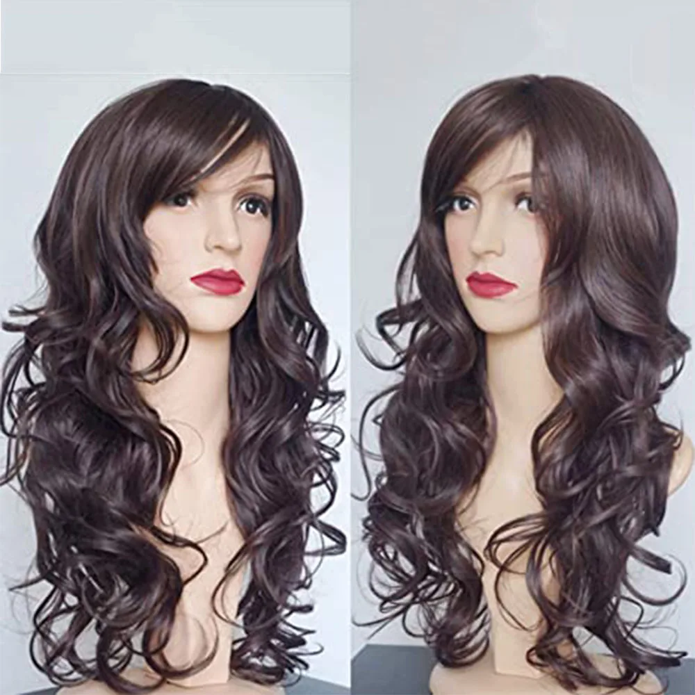 WHIMSICAL W Dark Brown Hair Wigs Synthetic Wig Women\'s Long Wavy Curly  Heat Resistant Cosplay Party Daily Wig for Women