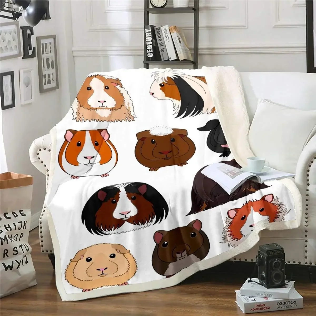 Kids Guinea Pig Fleece Blanket for Sofa Couch Cute Cavy Pattern Sherpa Blanket Cartoon Lovely Pet Plush Throw Blanket