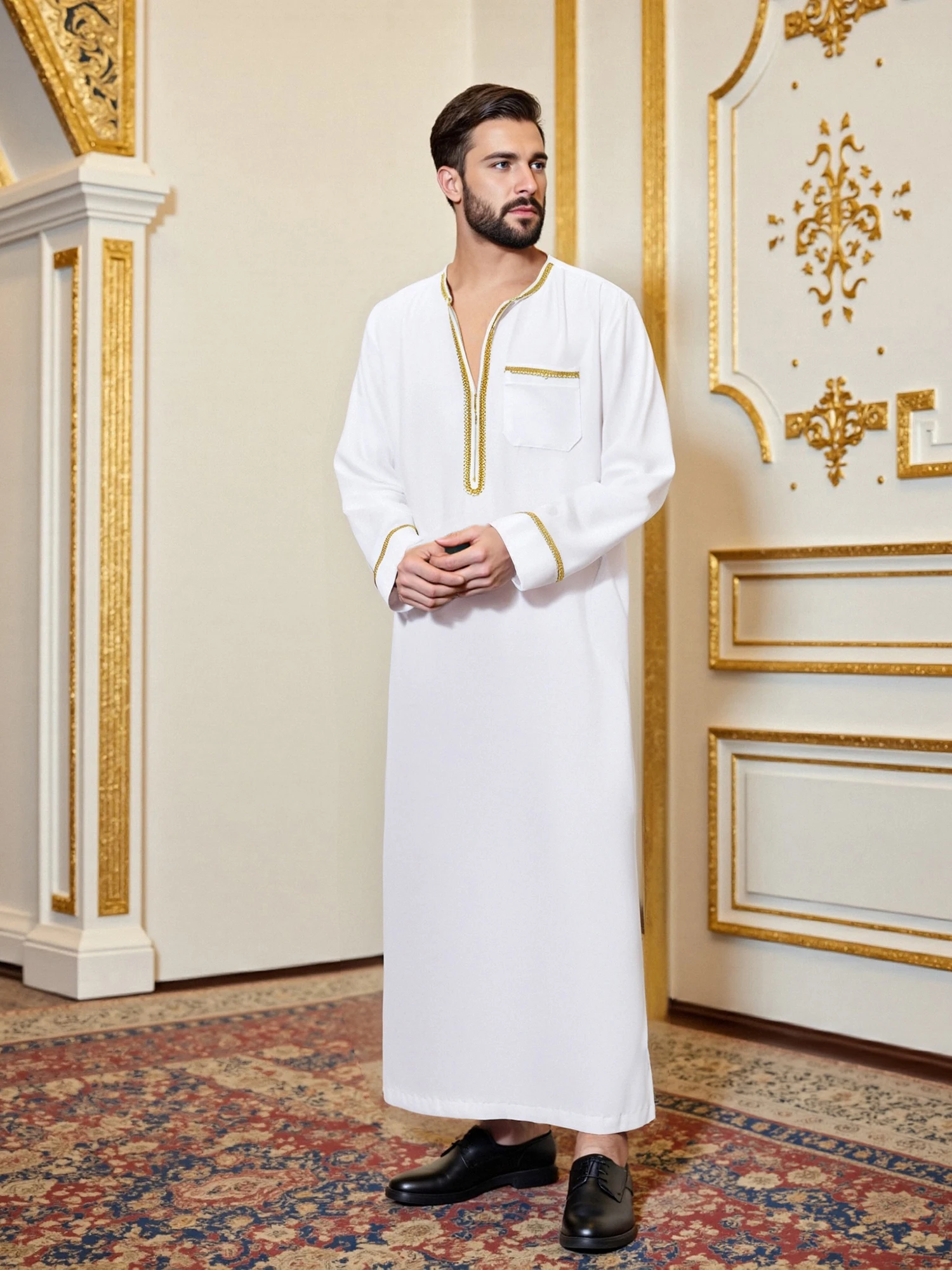 Abito caftano da uomo ricamato in oro manica lunga girocollo ampio abito lungo stile etnico costume nazionale