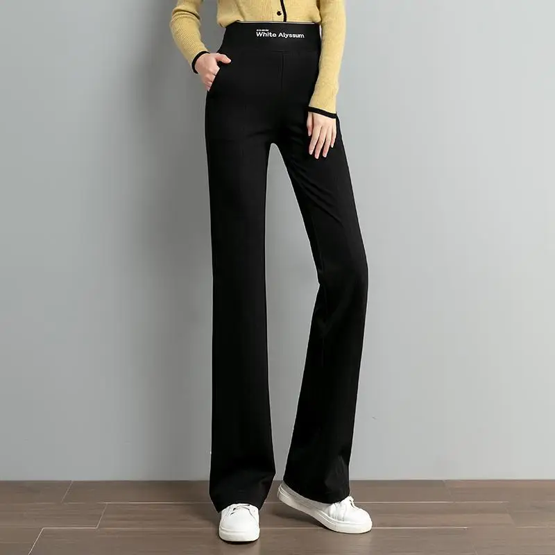 Calça elástica preta de cintura alta feminina, roupa reta feminina, monocromática de pernas largas, moda verão, temperamento, 2024