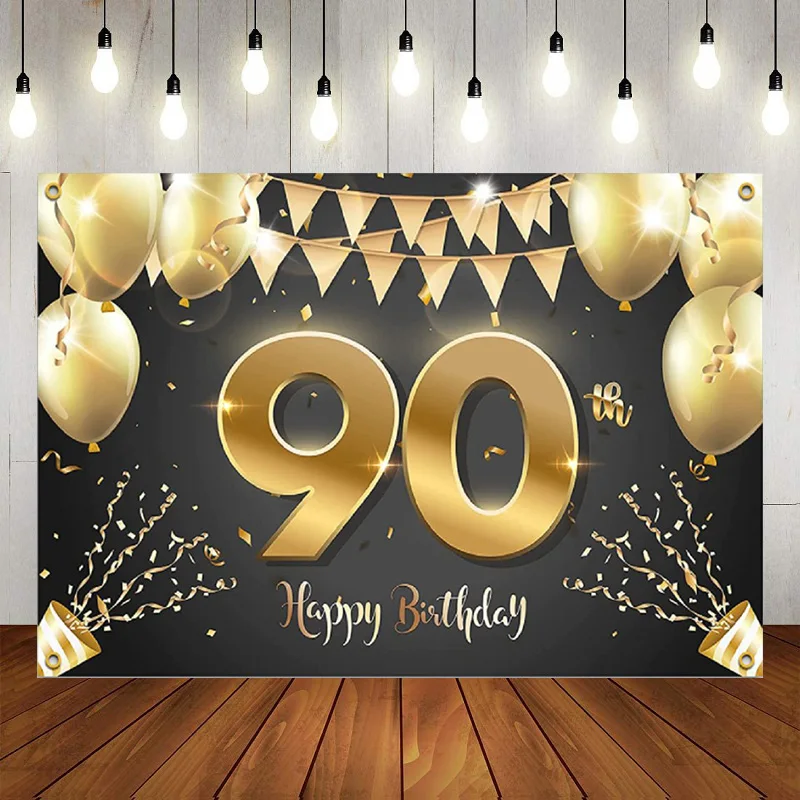 90th Black Gold Banner Photography Backdrop Balloons Crown Confetti Cheers 90 Years Old Decor Anniversary Background Banner