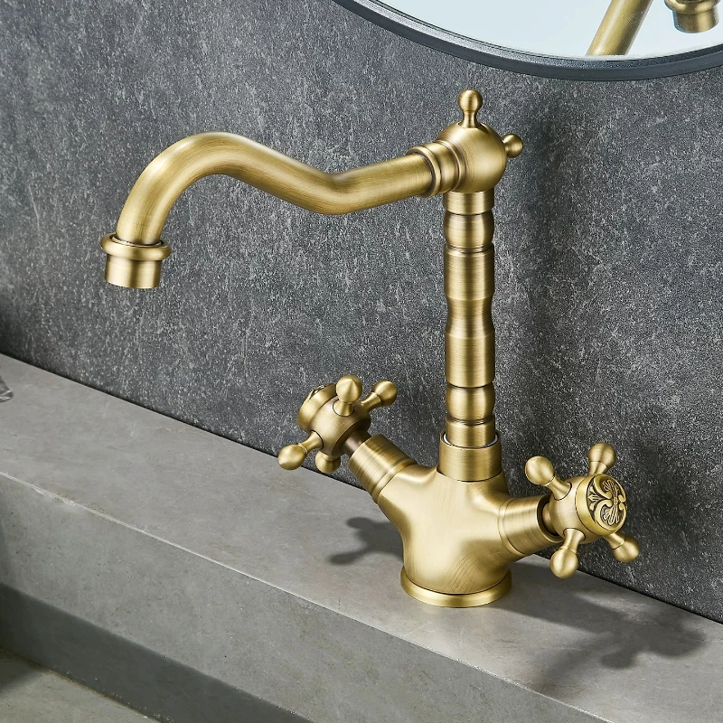 antique-faucet-hot-and-cold-retro-dual-handle-single-hole-wash-basin-taps-rotating-heightening-bathroom-mixer-faucets