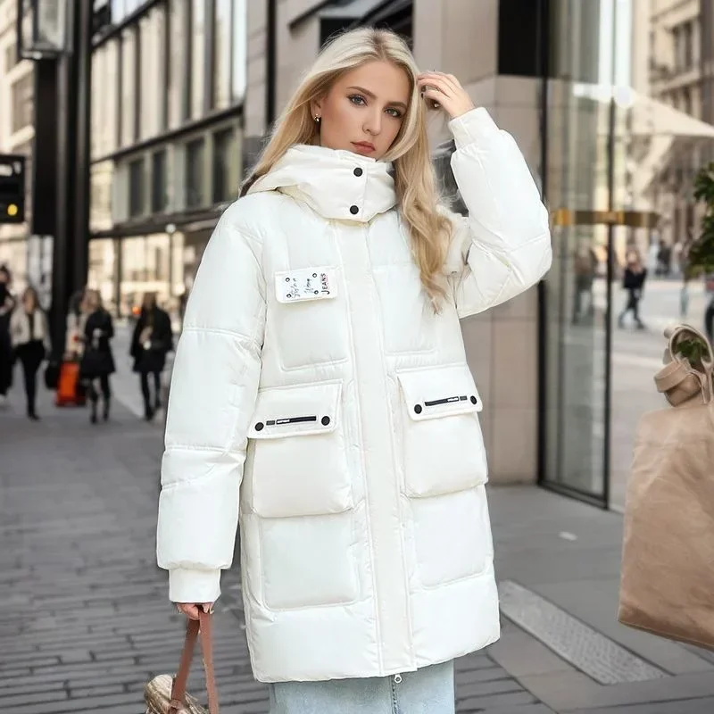 2024 neue Winter Frauen lange Parkas Taschen dicke warme Kapuze Daunen Baumwoll mantel weibliche lose Puffer Jacken wind dichten Schnee mantel