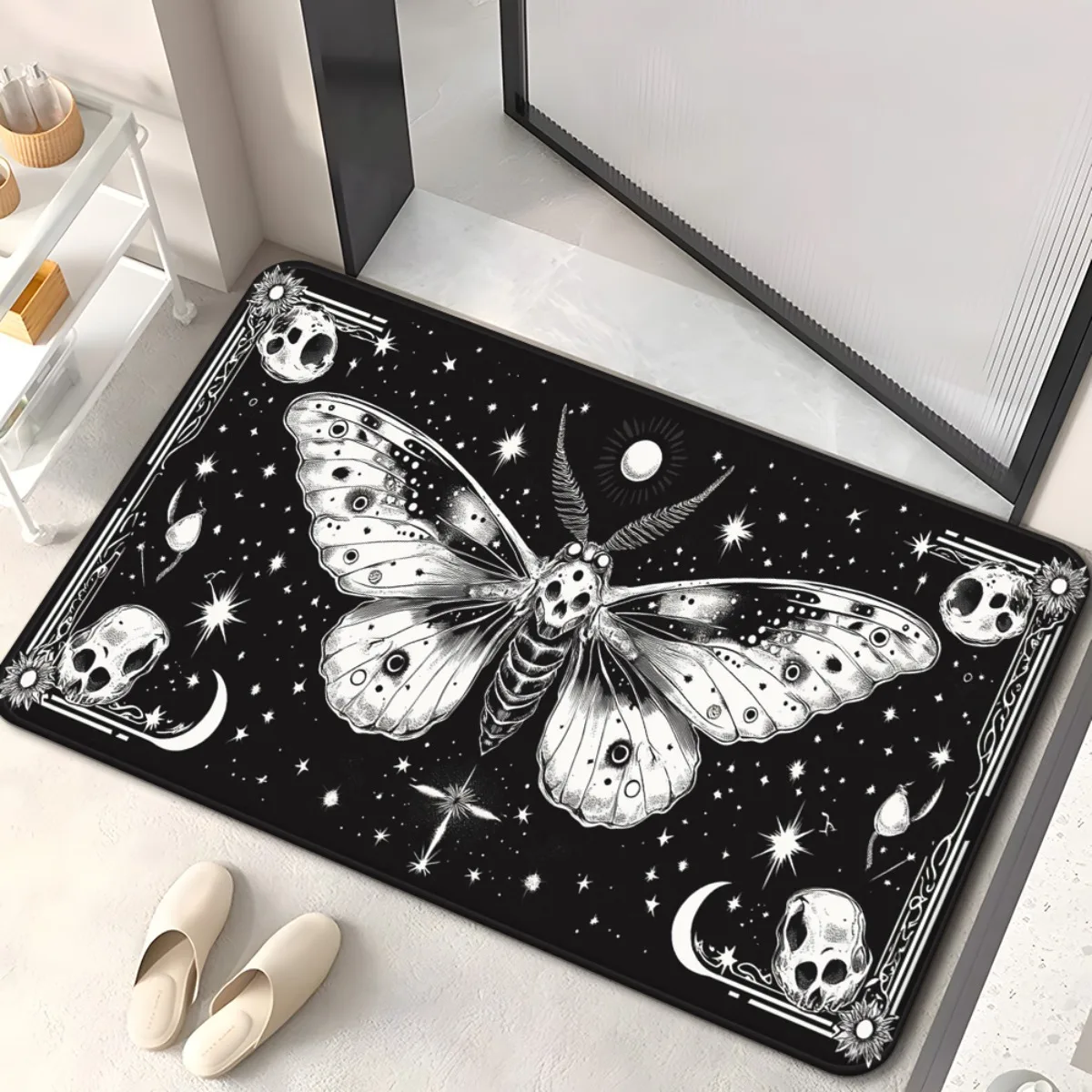 gothic moth skull moon stars black white doormat mysterious cosmic art horror themed entrance mat unique decorative floor rug