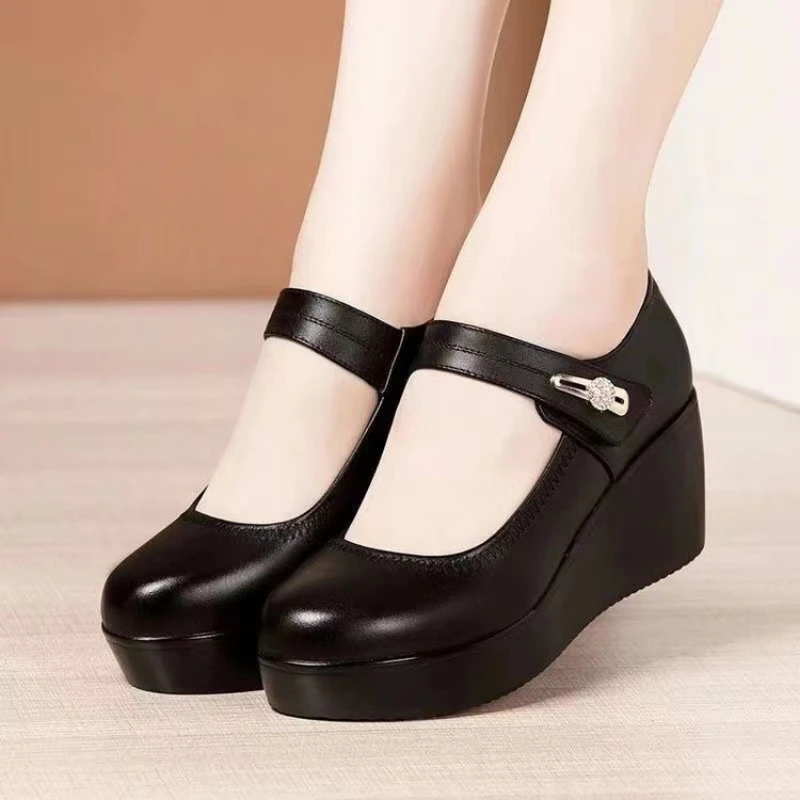 Nuevos Zapatos de Mujer con Punta Redonda, Casuales, con Suela Gruesa, Zapatos Cómodos de Primavera, Tacones Altos Versátiles, Zapatos de Tacón Inclinado para Mujer