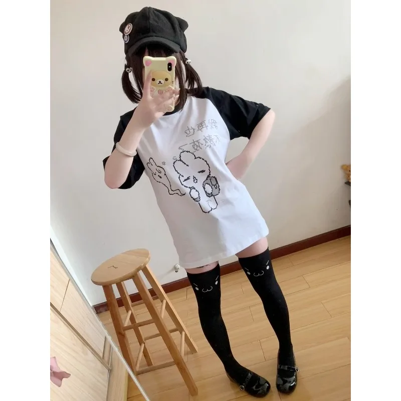 Rabbit White Harajuku T-shirt Women Loose 2024 New Short Sleeve Subculture Tops Loose Casual Kawaii Cute Sweet Japanese Tees