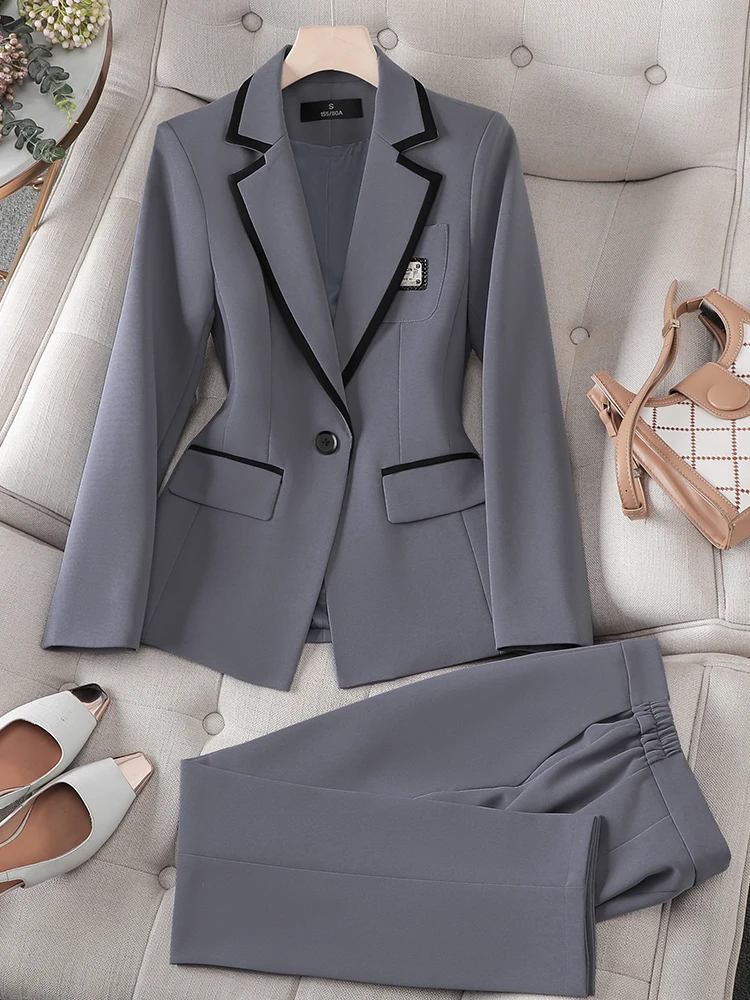 Fashion Gray Black Apricot Women\'s Pant Suit Office Ladies Blazer and Trouser Formal 2 Piece Set For Autumn Winter