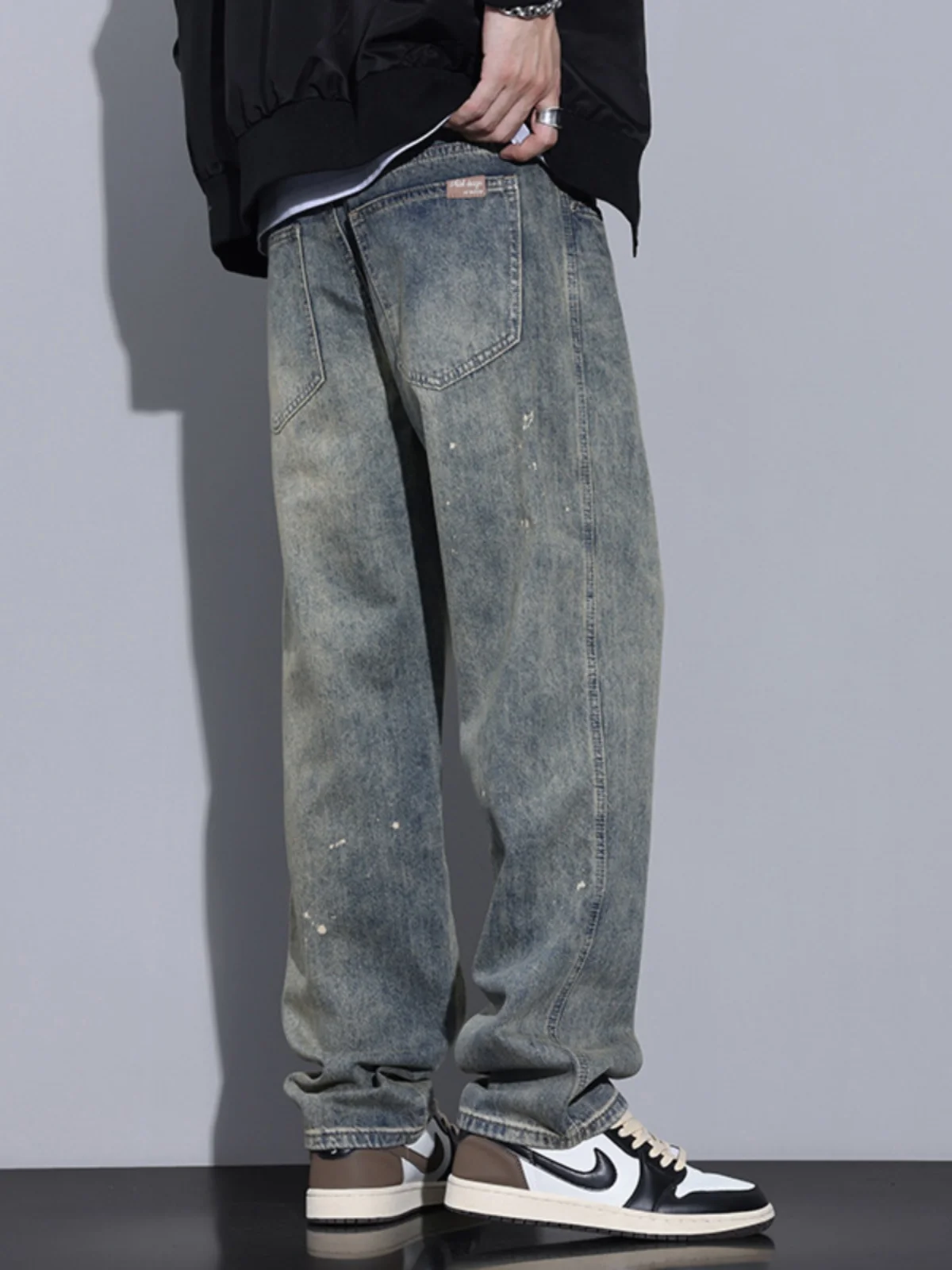 

Мужские джинсы в стиле ретро, выцветшие, прямые, с подкладкой, длинные брюки, модные, свободного кроя