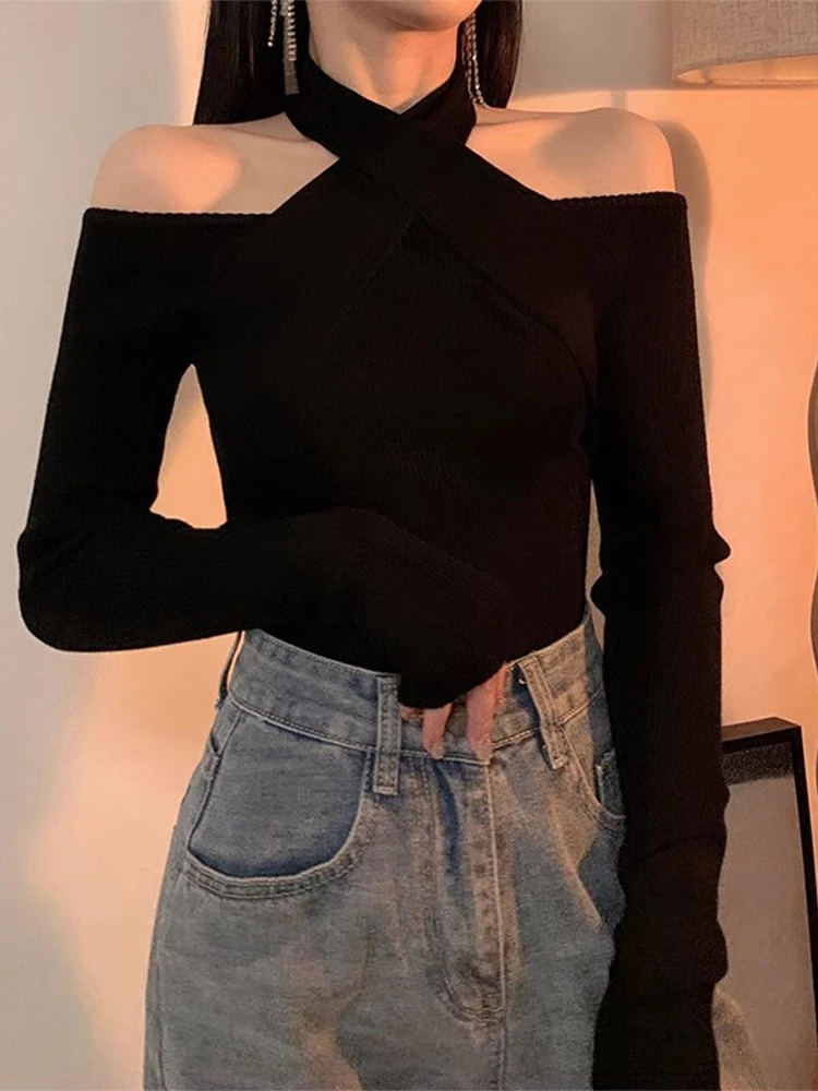 

Black Knitted Base Shirt Women's New Spring Autumn Outerwear Hanging Neck Hollow out One Shoulder Long Sleeve Inner Wear Winter