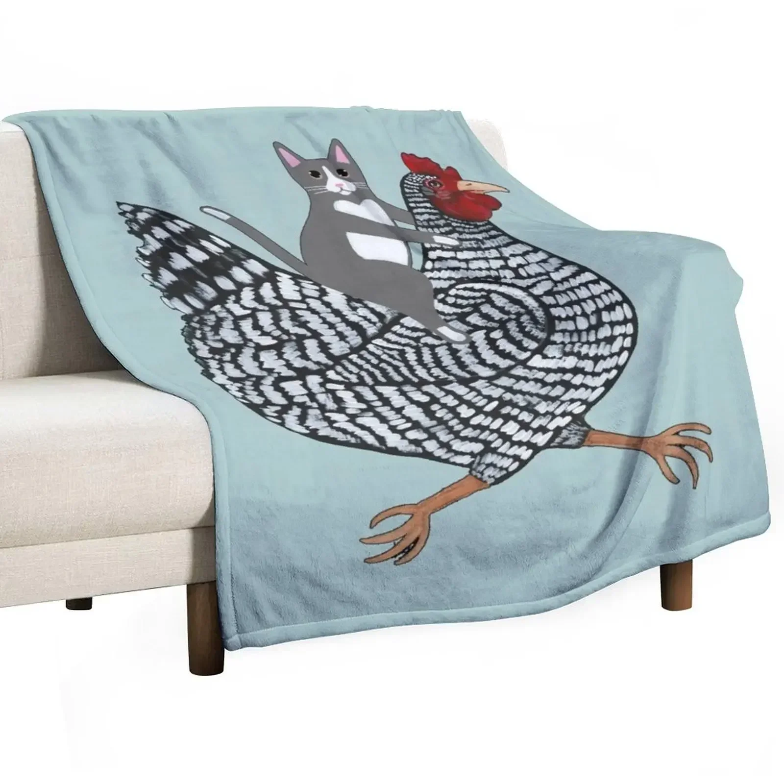 

Grey Tuxedo Cat Chicken Ride Throw Blanket Furrys Plaid on the sofa Blankets