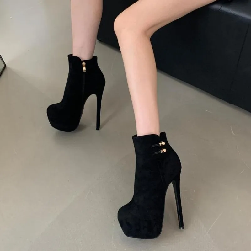 Autumn Winter Platform Ankle Boots 16CM High Heel for Women Sexy Round Toe Metal Buckle Pole Dance Pumps Fashion Runway Shoe