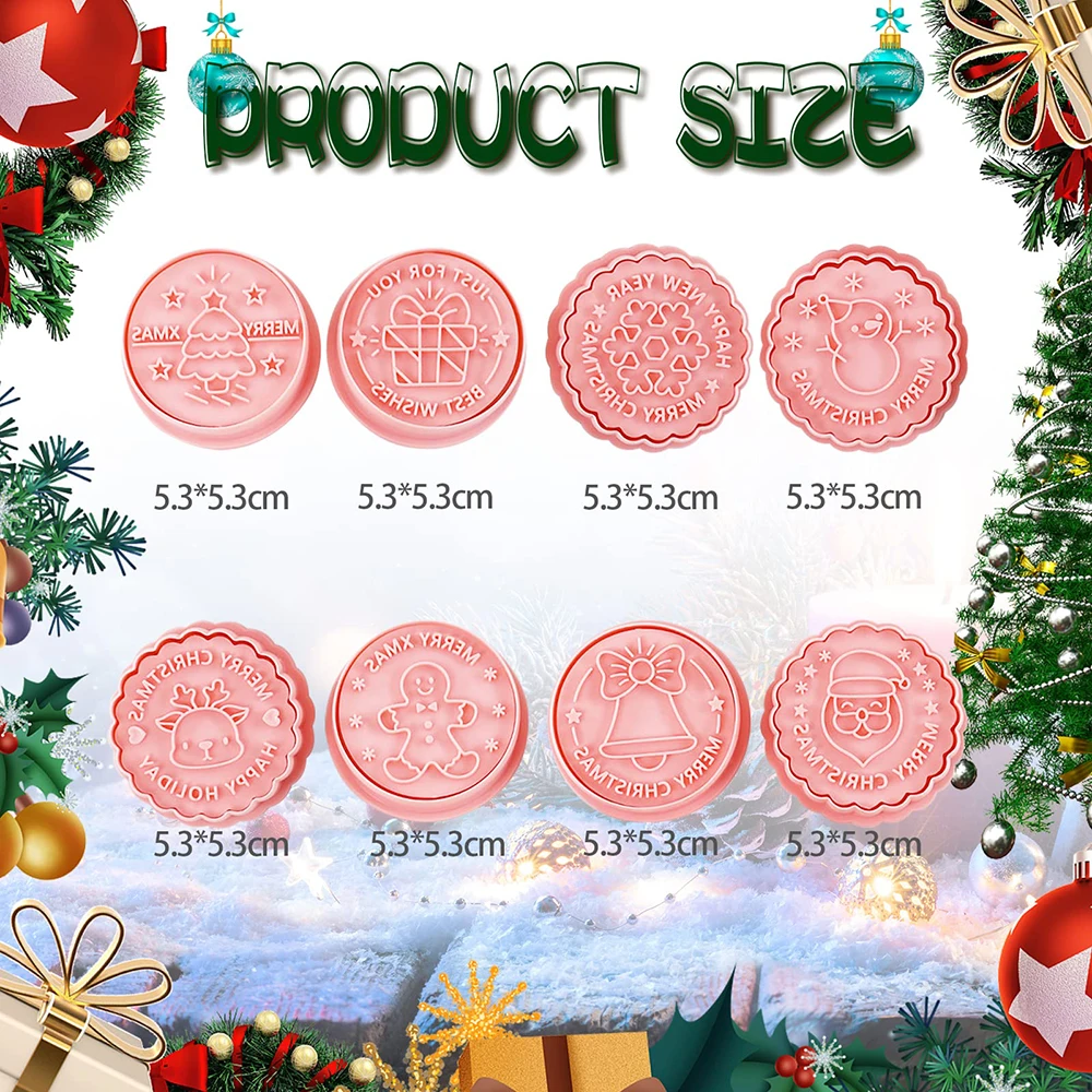 8Pcs/set Cookie Cutters 3D Christmas Circle Shape Biscuit Cutter with Plunger Stamps Embossed DIY Cookie Baking Supplies