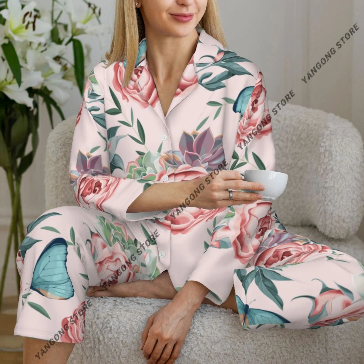 Spring and Autumn Long Sleeve Pants Pajamas Loungewear Set Watercolor Rose Flower Women's Pull Edge Loose Sleeping Suit