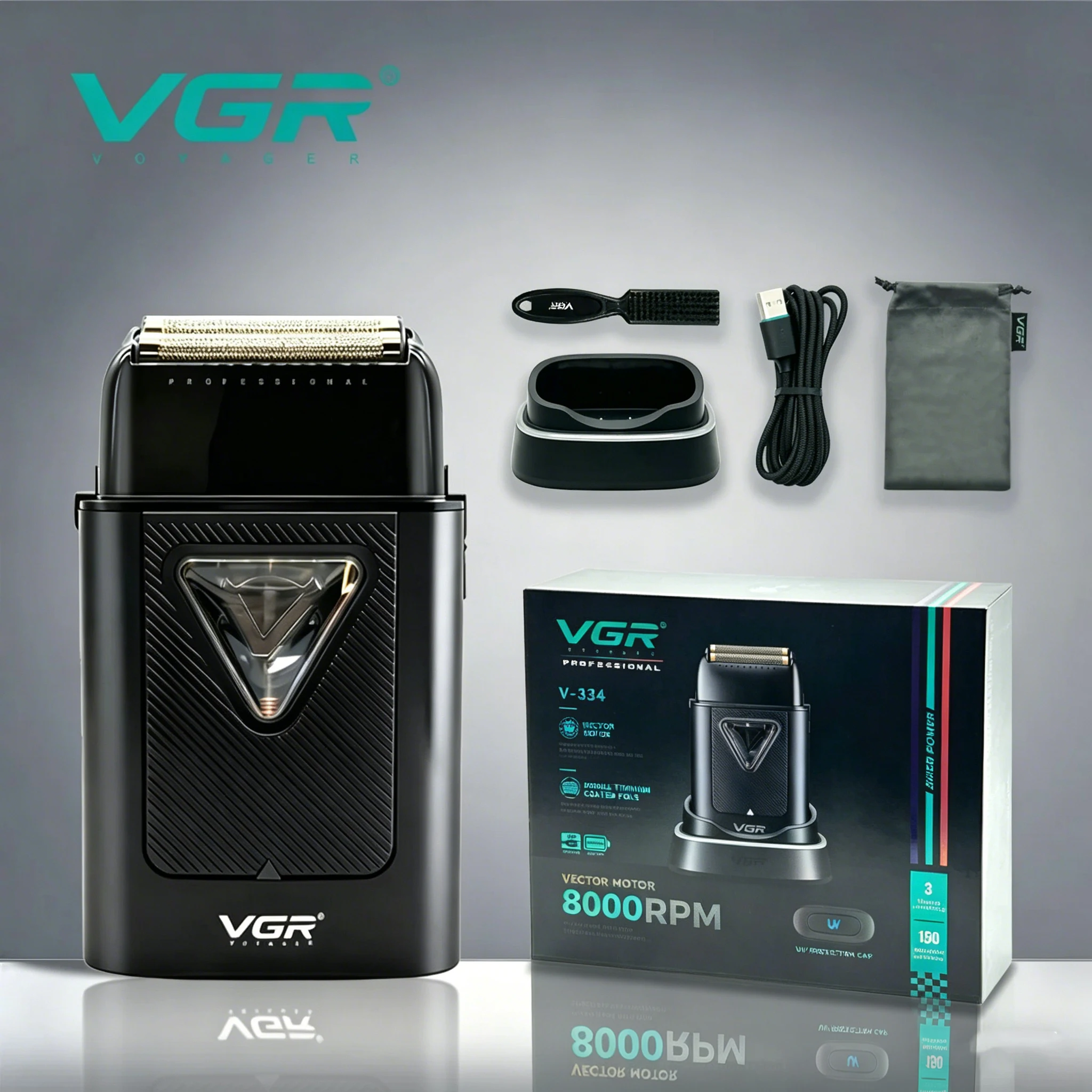 VGR maquina afeitar hombres Recortadora de barba mejorada Afeitadora profesional 9000 RPM Afeitadora de alta potencia Base de carga Afeitadora Eléctrica Recortadora de barba para hombres V-334