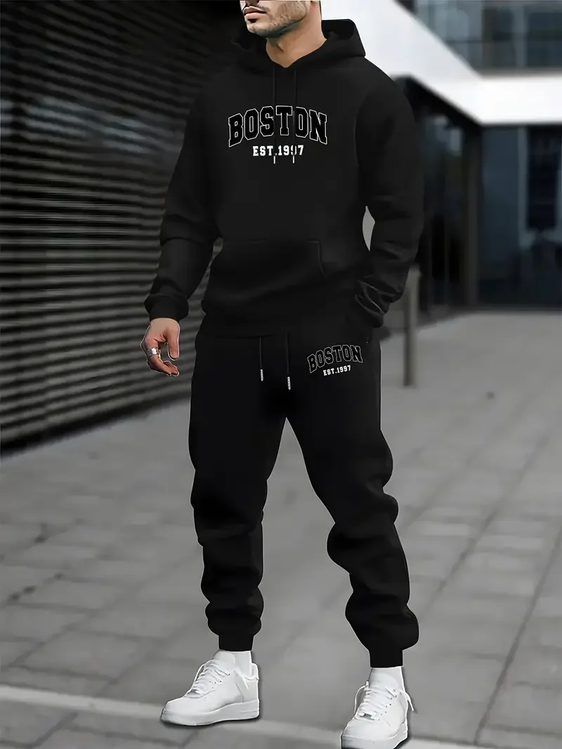 

Men's Velvet Thickened Sports Set New York Letter Printed Spring and Autumn Hoodie Set Long Sleeve Casual Comfortable Pocket Hoo