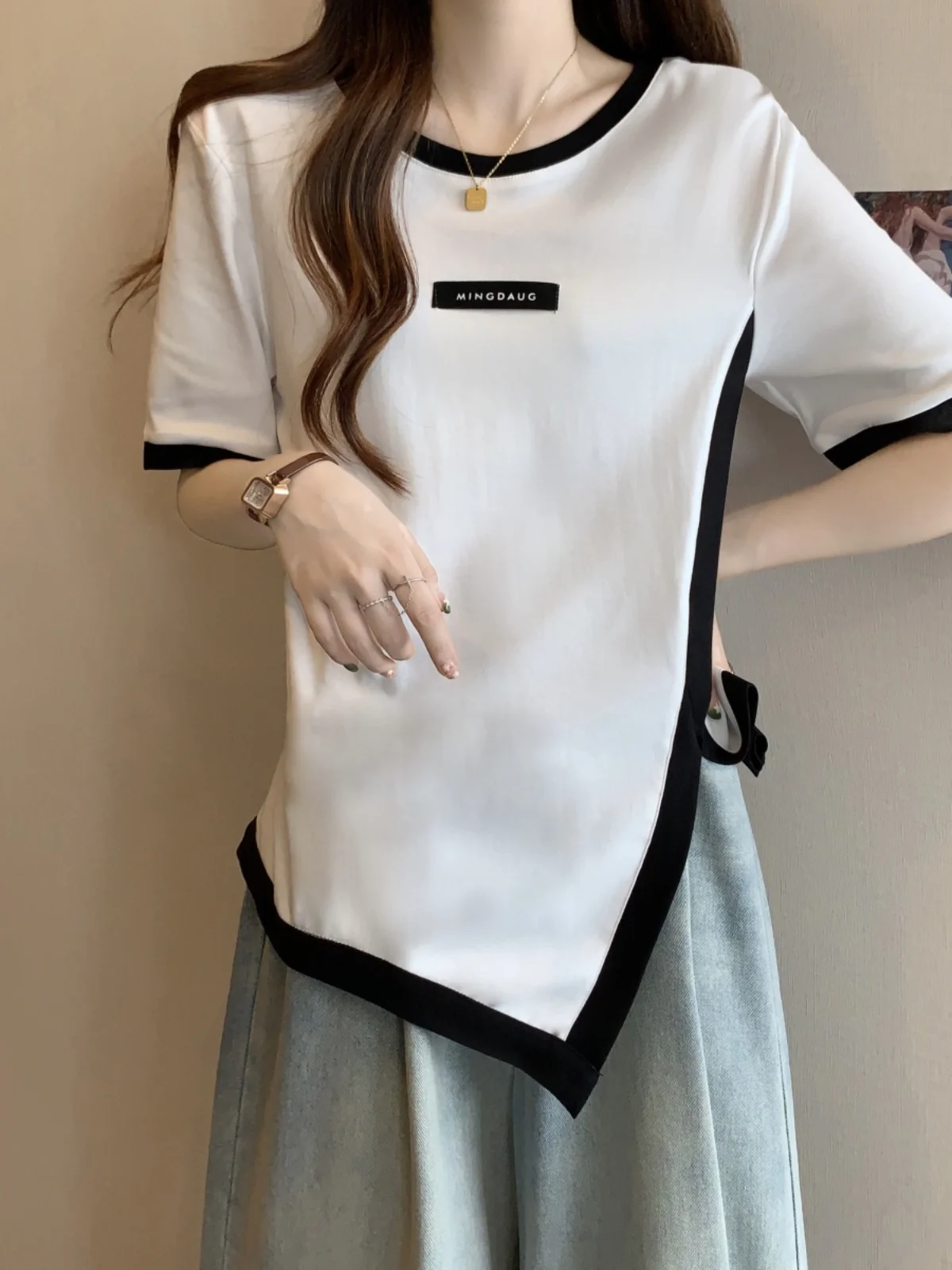 Slimming Effect Summer T-Shirt Women's Short Sleeve Asymmetrical Design Casual Comfortable Loose Fit plus Size Open Shoulder