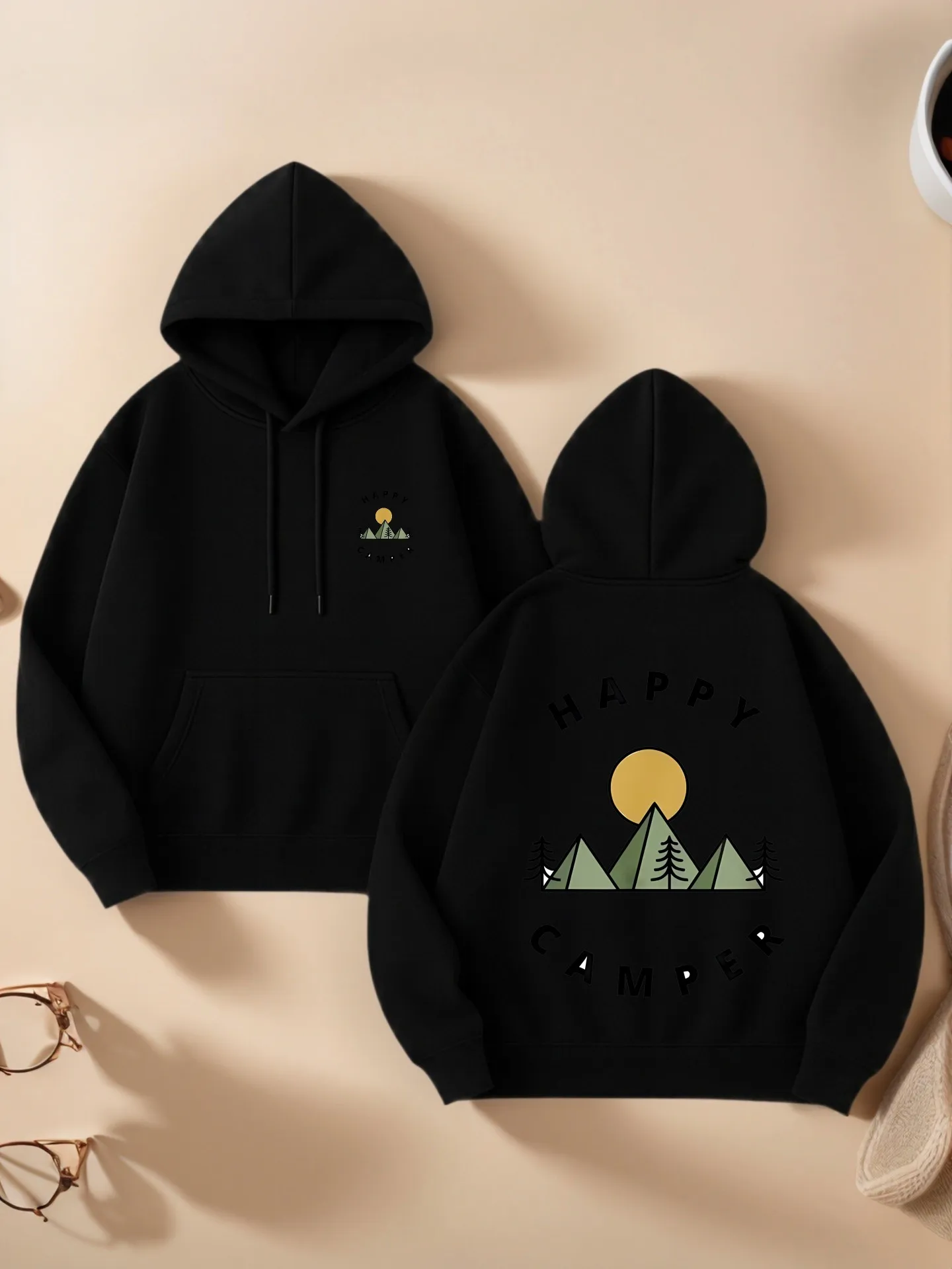 Graphic Hoodie Women, Happy Camper Print, Casual Aesthetic, Soft Fabric, Casual Everyday Wear, For Teens