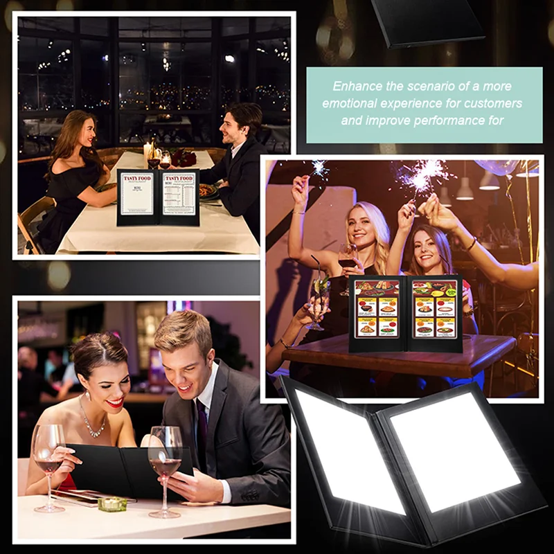 LED電子注文メニューブックディスプレイサイン LEDバックライト付きダブルパネルメニューホルダーフォルダー レストランホテル用紙対応