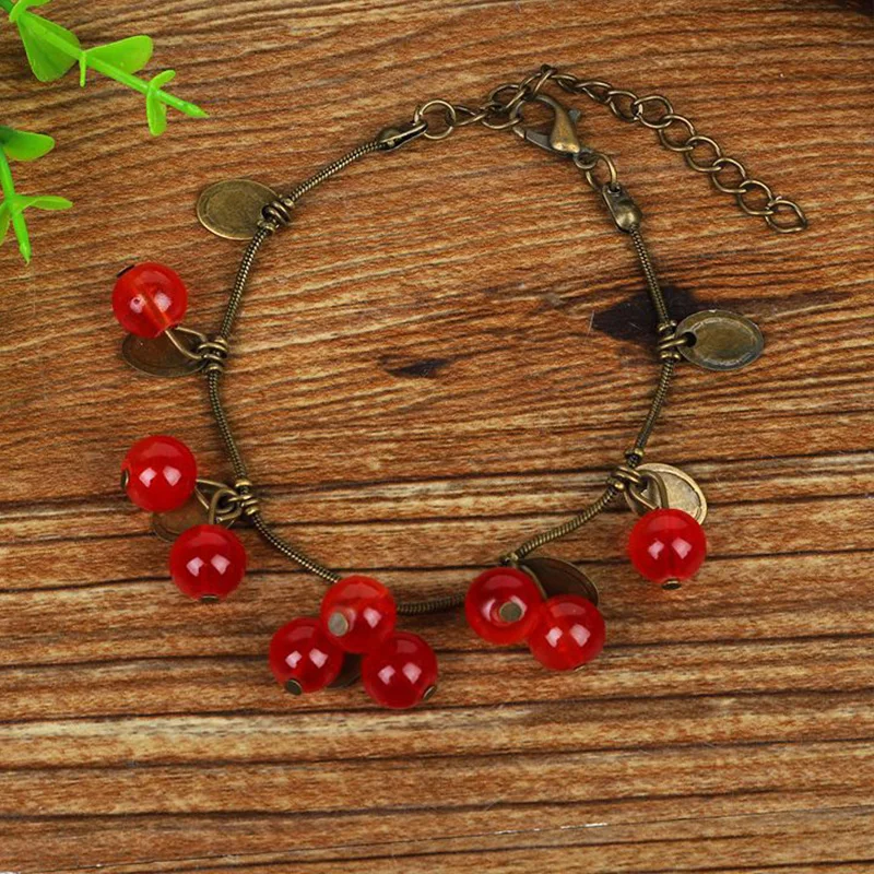 New Vintage Bracelet Jewelry for Women Sweet Cherry Pendant Hand Chain Girl Ethnic Style Antique Copper Color Decorative Bracel