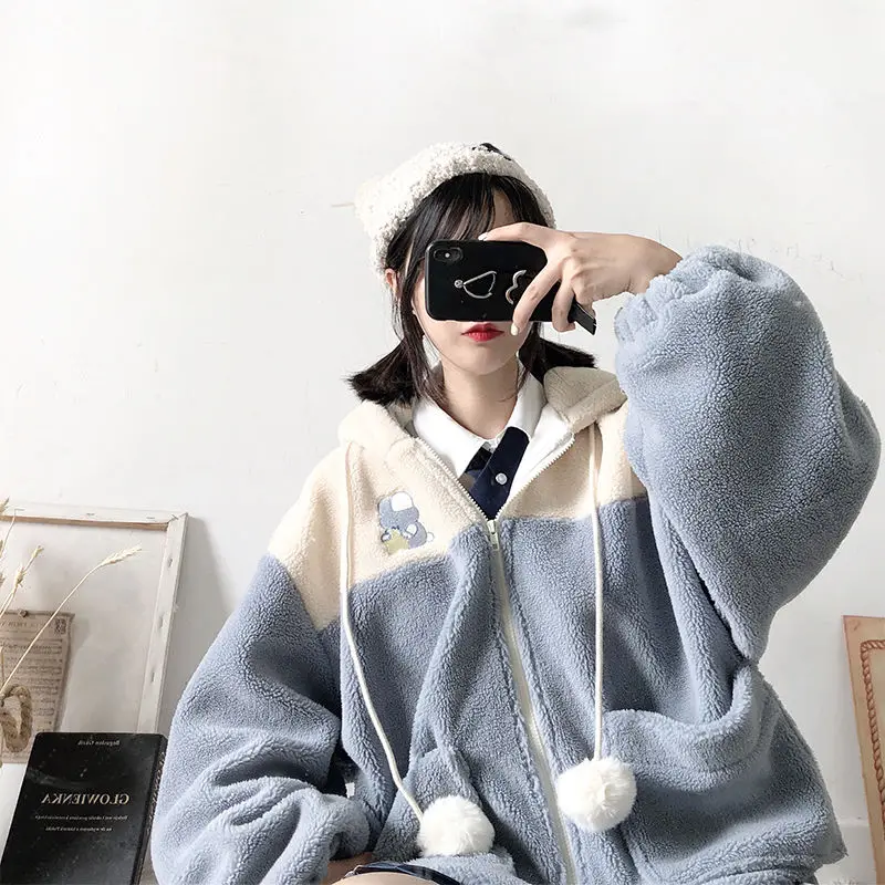 2023 Embroidery Oversized Sweatshirt Plus Velvet Thicked Hooded kawaii Lamb Wool Coat Patchwork Pocket Zipper Hoodies Jacket