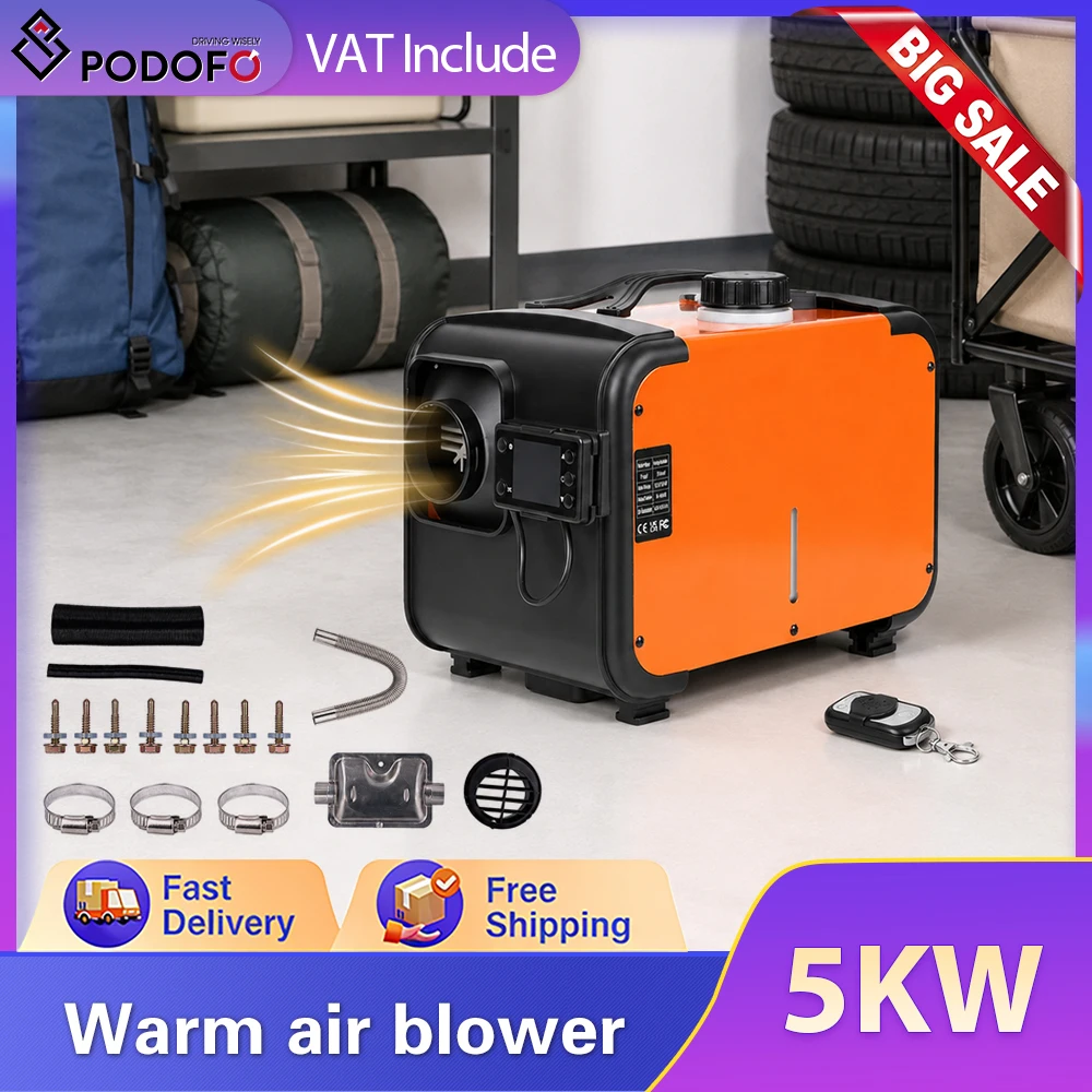 Podofo Riscaldatore ad aria diesel 8000W 12V 24V con termostato LCD, telecomando, riscaldamento rapido, spegnimento automatico, protezione, base rossa, riscaldatore ad aria per camion, camper,
