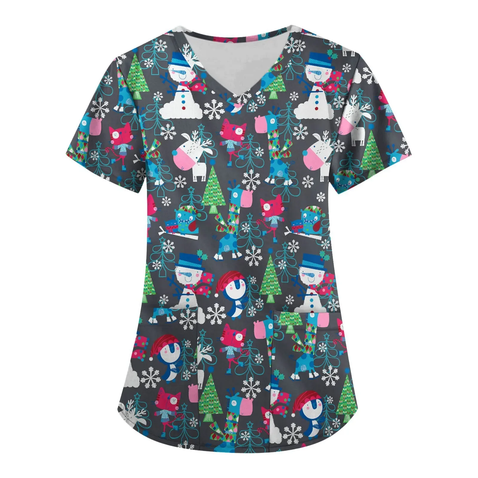 Uniforme de Noël pour femmes, col en V, imprimé de Noël, manches courtes, poches, haute qualité, facile à nettoyer, rapide, 2025