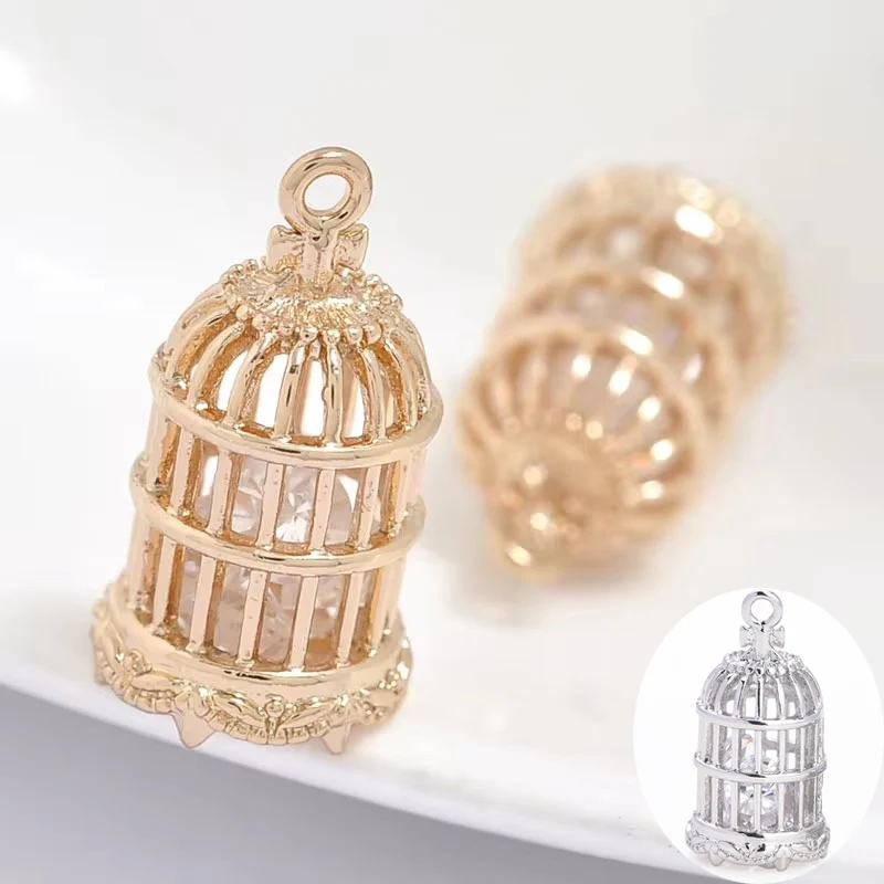 (1633) 4PCS 11x21MM 24K Champagne Gold Color Plated Brass with Zircon Bird Cage Charms Pendants High Quality Jewelry Accessories