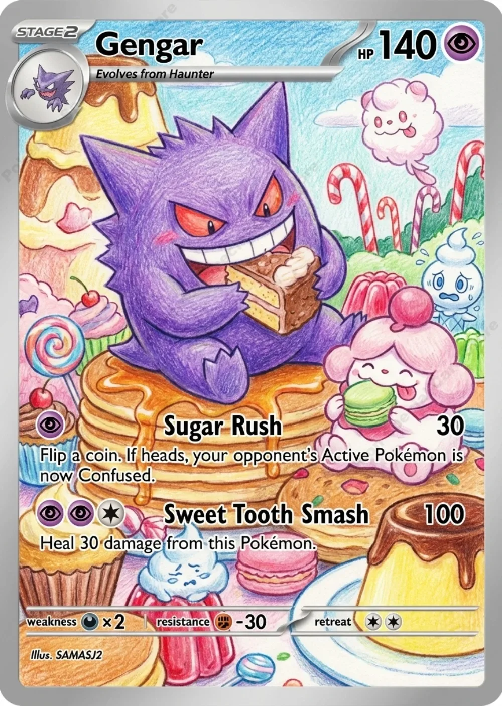 5Pcs PTCG Cards Gengar Marill Jigglypuff Mimikyu Eat Dessert Series PTCG Collection Cards Holo Cards Anime Toys PTCG Gift