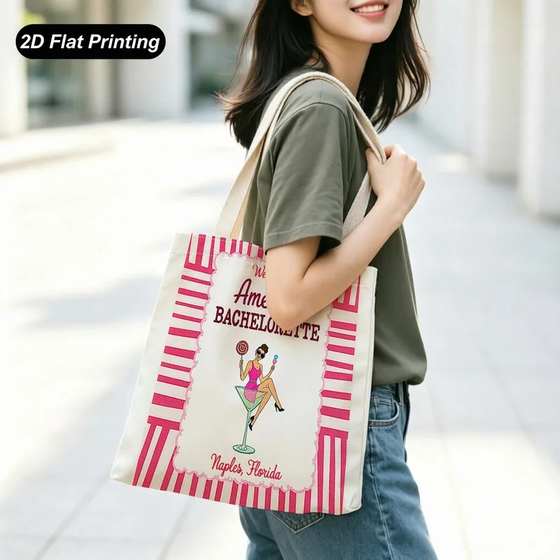 1PC【Tote Bag】New large-capacity tote bag，Printed Design - Not Textured，Pink striped bachelorette party theme，Size15.7in*13.8in，S