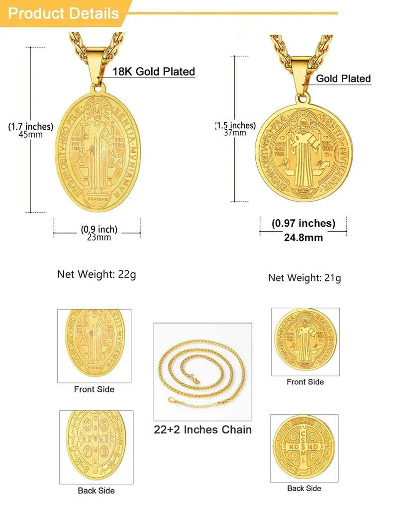 U7 Saint Benedict Necklaces Round Oval Medal Stainless Steel Pendant 22" Chain Religious Catholic Protection Amulet Jewelry Gift - view 6