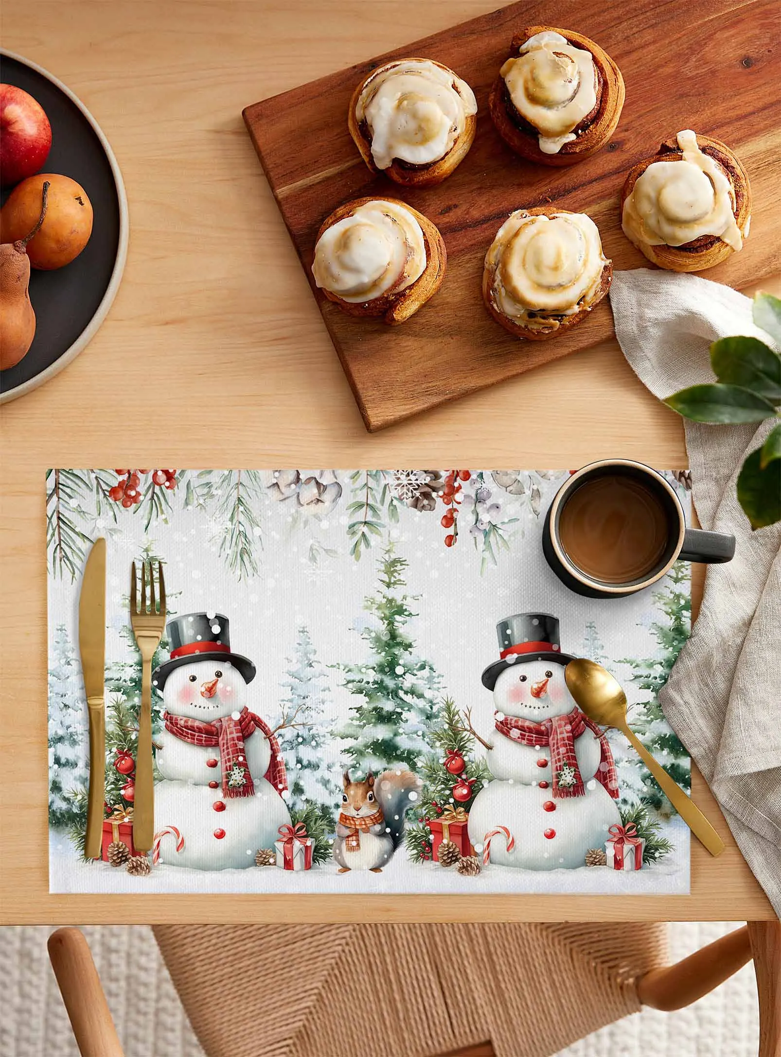 4PCS Christmas Snowman Berry Pine Christmas Tree Squirrel Placemats Linen Dining Table Mats Coaster Kitchen Home Decoration