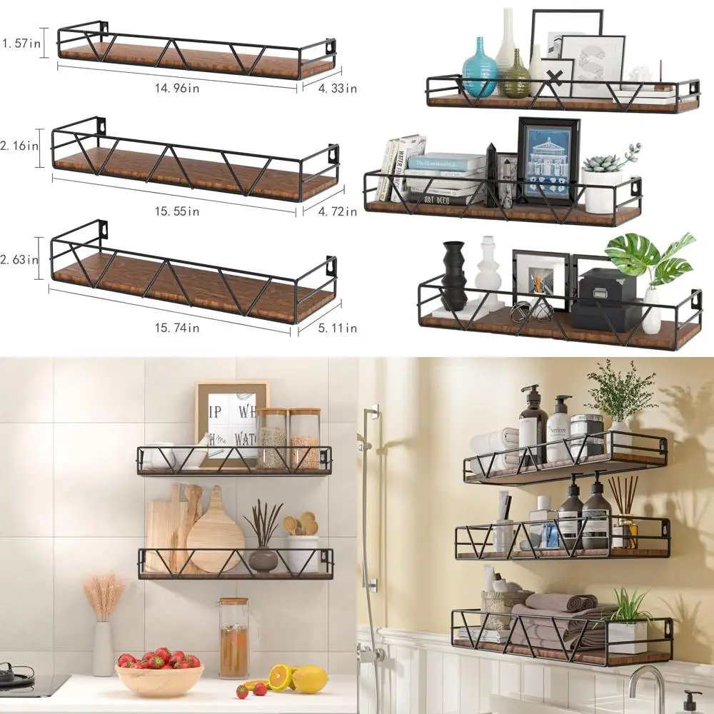 

Set of 3 Black Floating Shelves - Wall-Mounted Wood for Home, Suitable for Living Room, Bedroom, Bathroom, and Kitchen