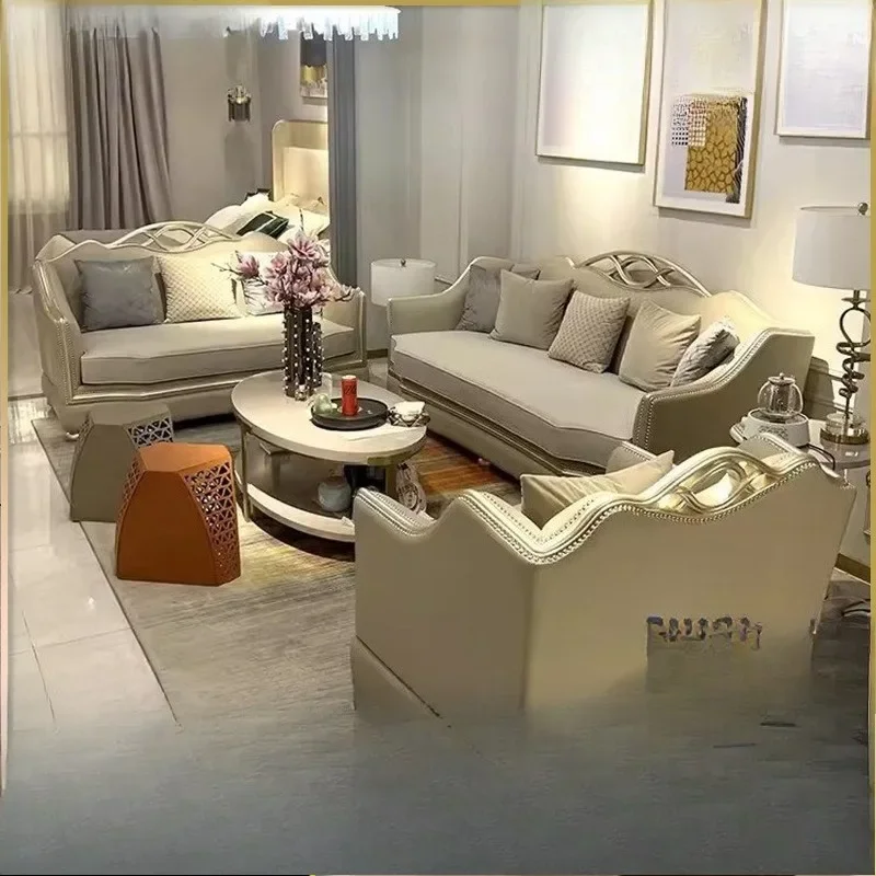 

European leather sofa combination living room high-end luxury first layer cowhide solid wood carving flower