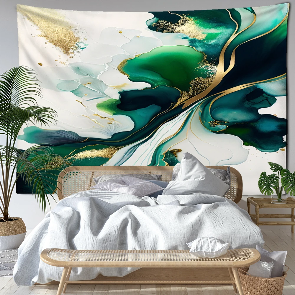 Green Gilded Painted Tapestry Wall Hanging Minimalist Abstract Art Bohemian Dormitory Living Room Home Decor Background Cloth