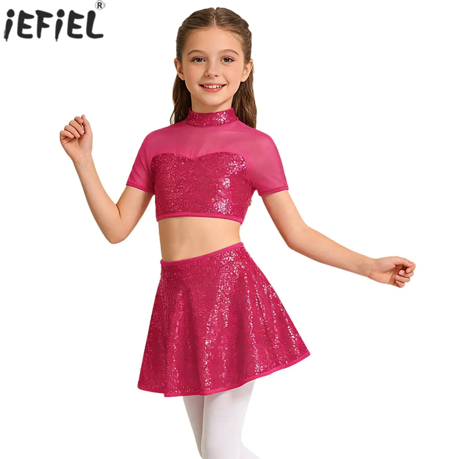 Kids Girls Shiny Sequins Ballet Dance Outfit Short Sleeves Mesh Crop Tops with Skirt for Cheerleading Figure Skating Gymnastics