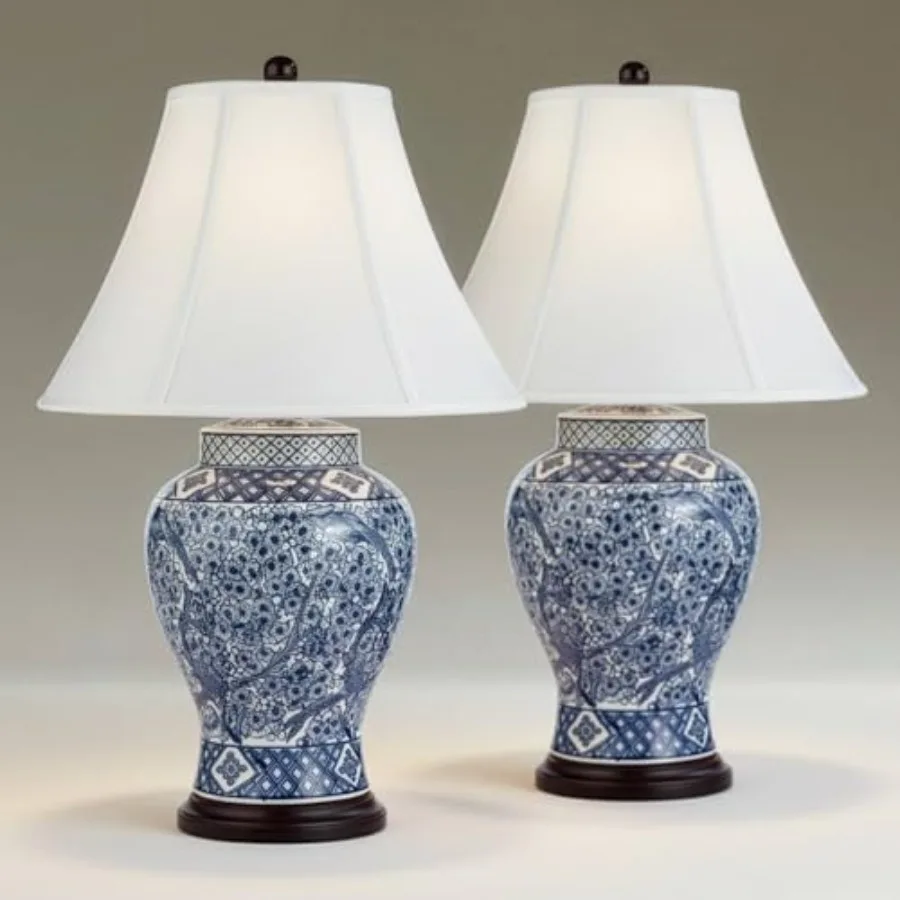 

Traditional Table Lamps Set of 2 with Blue Porcelain Base and White Shade for Living Room Bedroom Bedside Nightstand House Offi