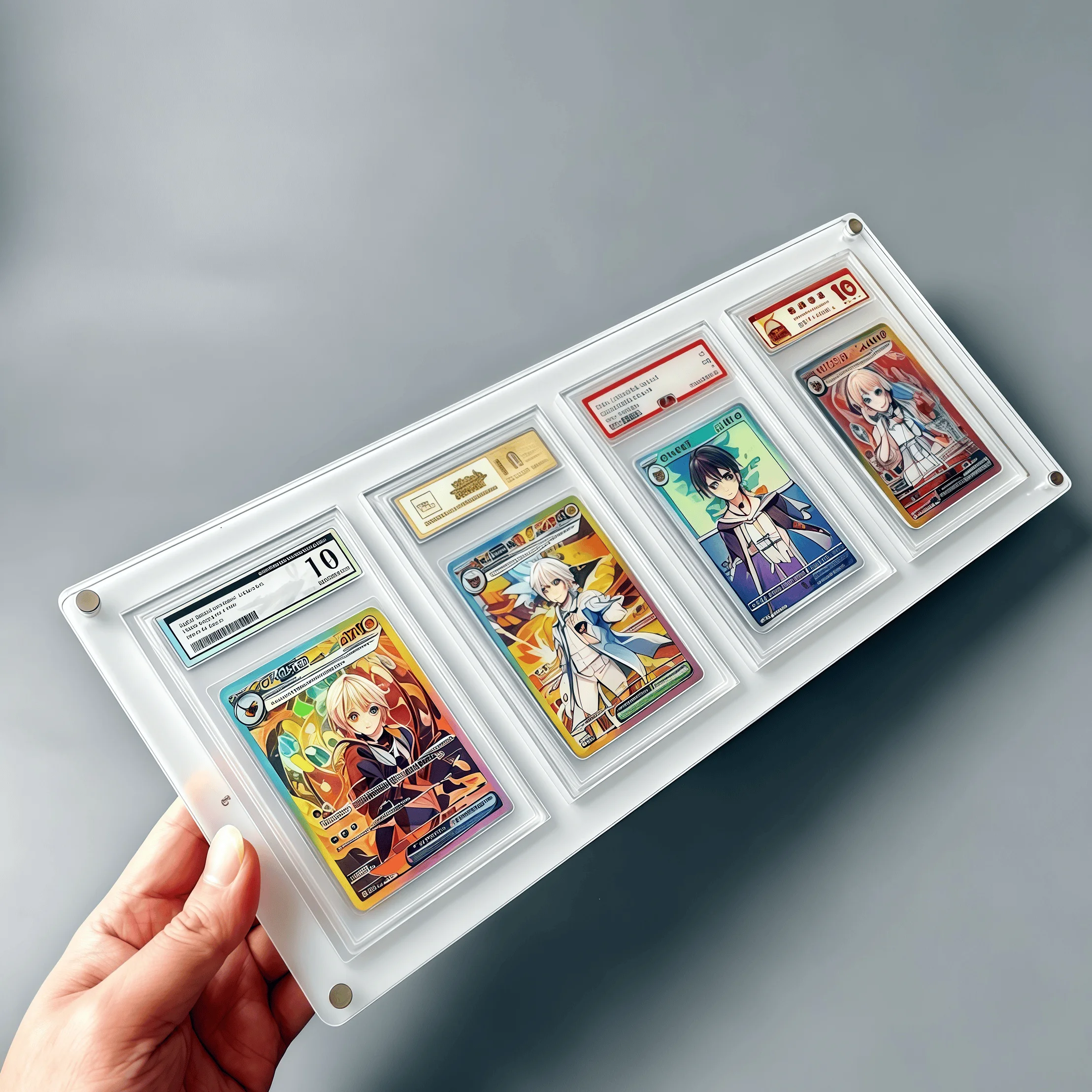 4-slot-clear-acrylic-graded-card-display-stand-white-card-holder-ptcg-pokemon-yu-gi-oh-graded-trading-cards-crystal-clear-edges