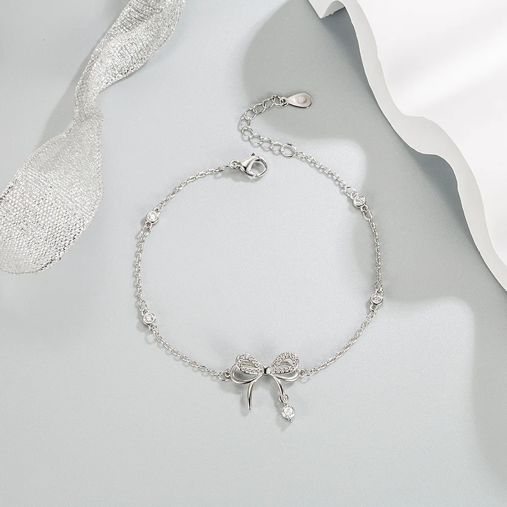 925 Sterling Silver Exquisite Bow Zirconia Bracelet for Women, Fashionable Wedding Accessory Jewelry