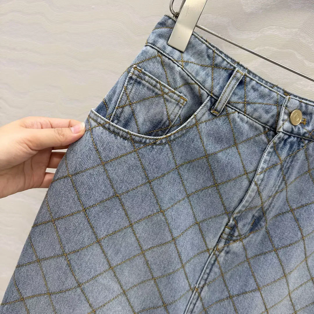 Chic Elegant Lady Argyle Embroidery Pattern Midi Skirts Womens High Waist Pockets Chains Split Novelty Streetwear Pencil Skirt