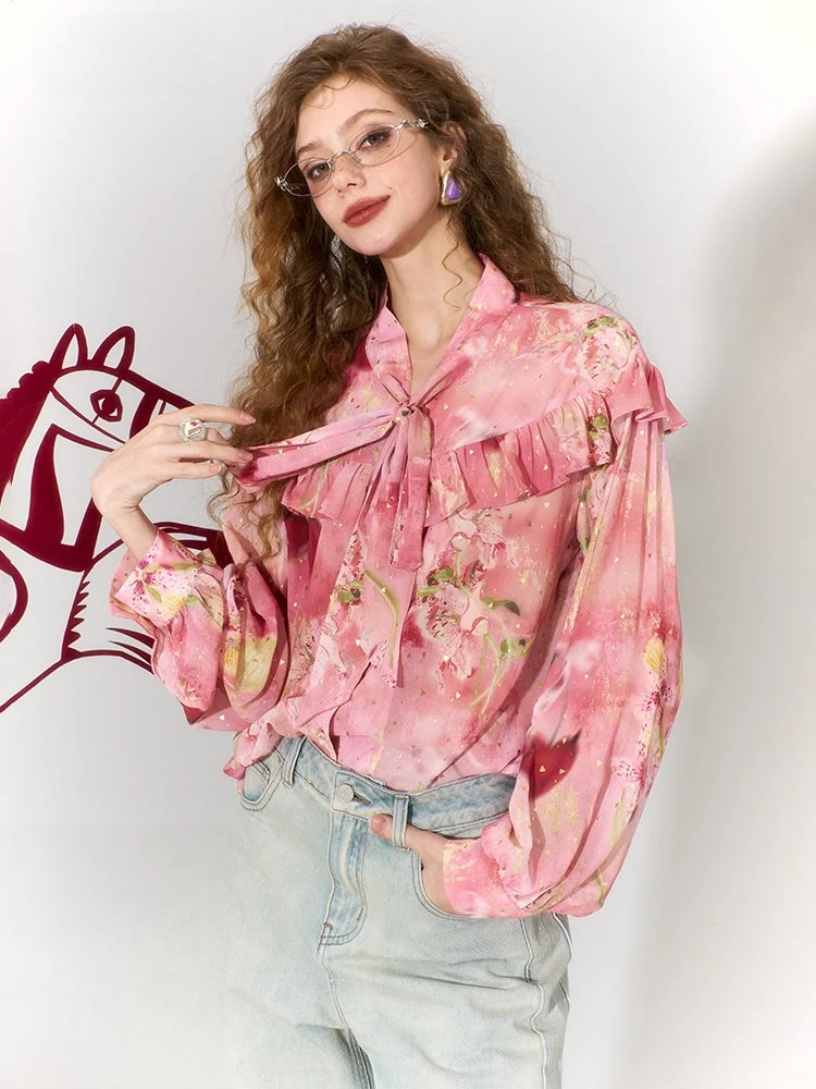 

Early Spring Women's Beautiful Printed Chiffon Top Pink Gold Stamp Garden Casual Loose Fit Long Sve Button up Cardigan