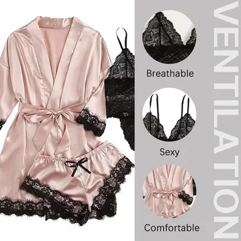 4-Piece Silk Satin Robe Sleepwear Set 5 4 Pieces Woman Sleepwear Pajamas Ser With Robe Sexy Lace Lingerie Bathrobe Silk Satin Home Clothed Nightwear Robe 5