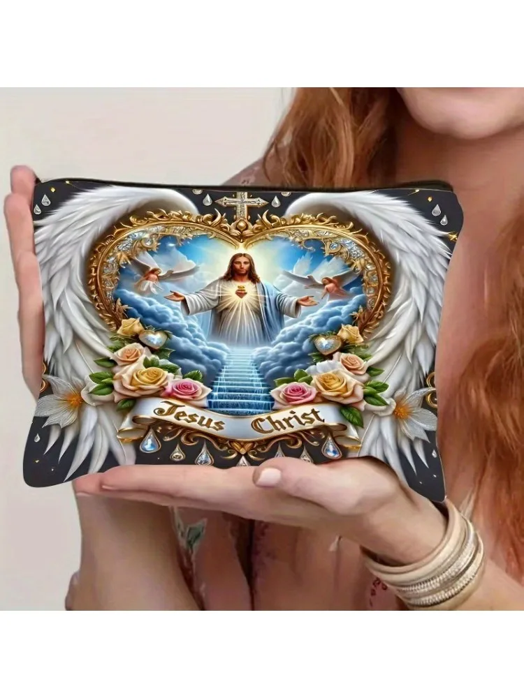1pc exquise Christ-œuvre d'art sur le thème avec des ailes et des Roses sac de maquillage en Polyester à motifs, trousse de maquillage de voyage, trousse de maquillage