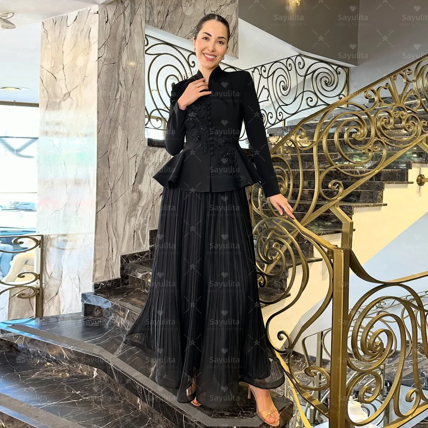 Sayulita 2-Pieces فساتين لحضور الحفلات الموسيقية مطرز زين كم طويل فستان الحفلات المسائية الطيات Vestidos Des Fiesta مخصص