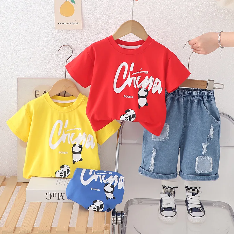 

Летние детские комплекты, футболка с короткими рукавами и джинсовыми шортами для мальчиков и девочек, модная детская одежда с круглым вырезом для детей 1-5 лет