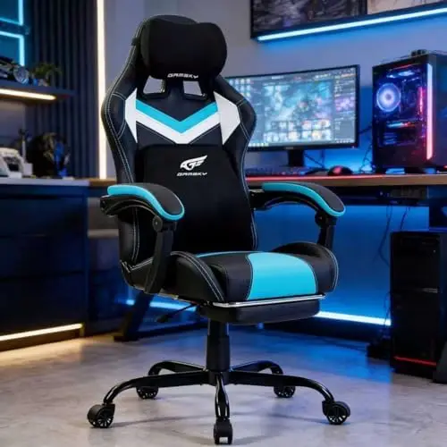 Ergonomic Gaming Chair for Adults, Black Blue | Comfy Video Game Chair with Footrest, Gamer Chair with Headrest and view 2