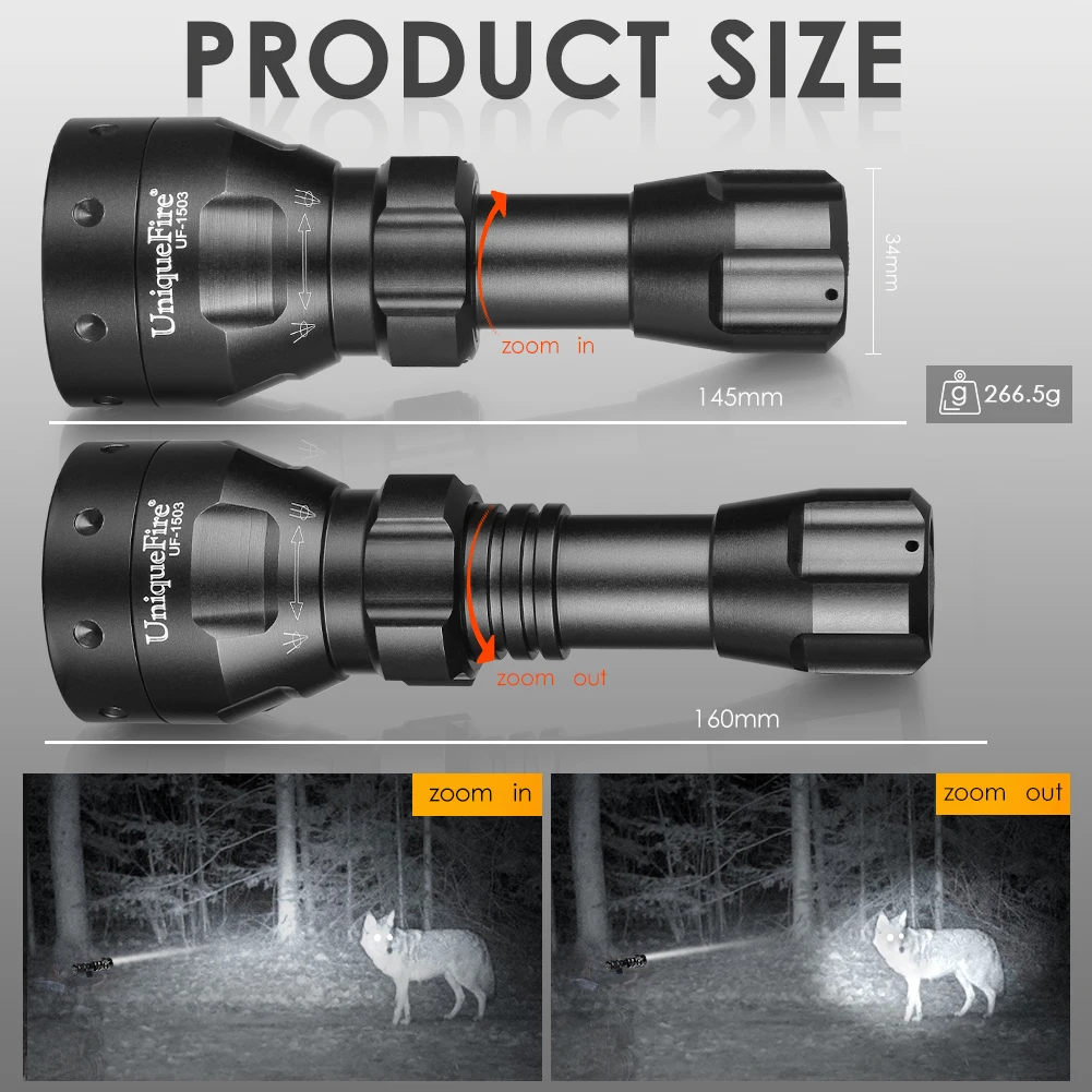 UniqueFire 1503 5W IR 940NM LED Flashlight 50mm Convex Lens Infrared Light 18650 Zoom Torch for Night Vision Outdoor Hunting