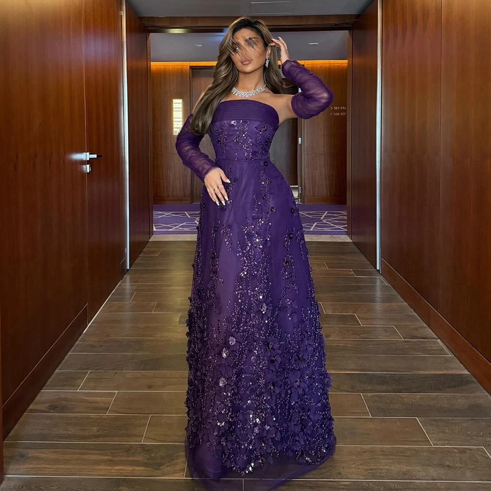 

Customized Strapless Purple Tulle Evening Dress With Gloves Appliqeus Party Dress A-line Backless Floor Length Prom Gown