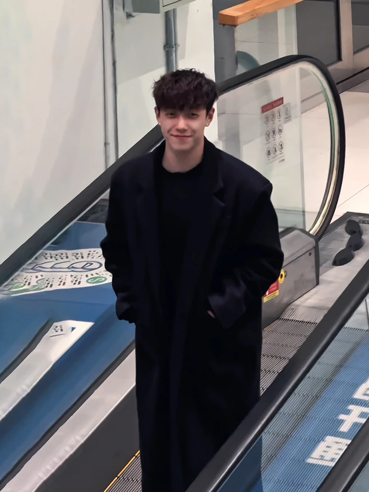 

Korean Briti Sle Men's Woolen Coat Autumn Winter High-End Feeling Peak Lapel Bla Suit Mid-Length Windbreaker Jaet