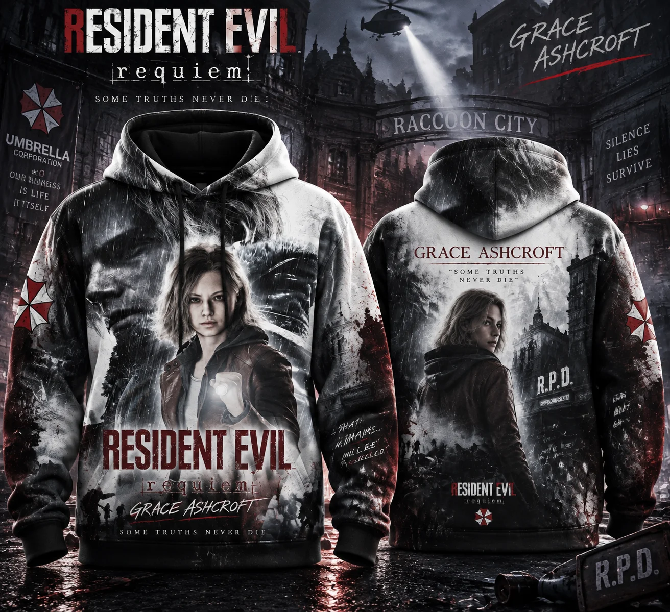 2026 Unisex Resident Evil Requiem 3D All Over Print Hoodie Grace Ashcroft Raccoon City Graphic Game Fan Pullover